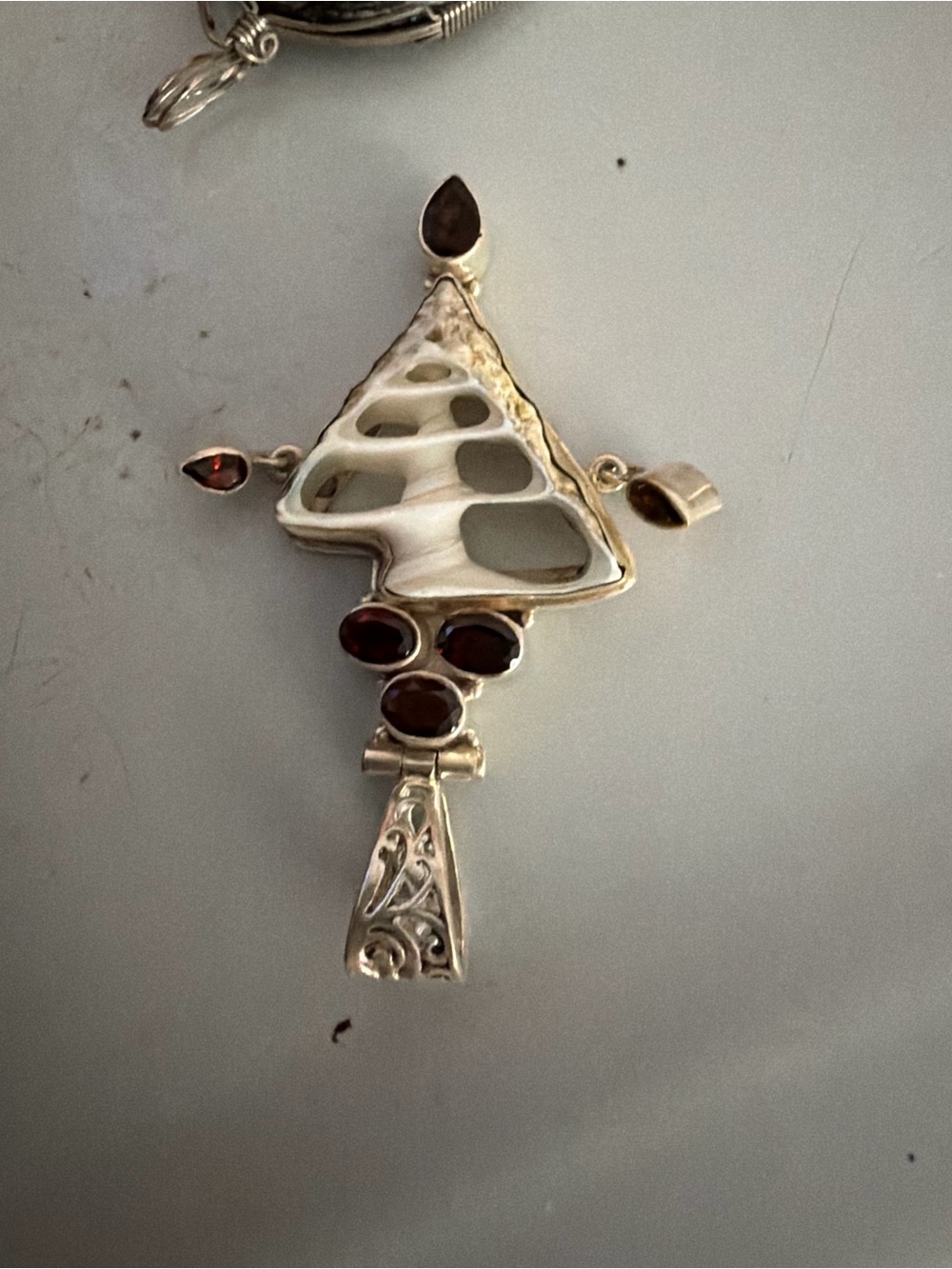 Sterling Silver Triangle Pendant White Shell Inlay Engraved Bezel Boho